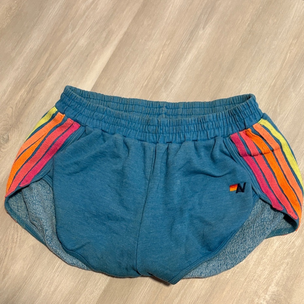 Aviator Nation Blue Shorts with Rainbow Stripes